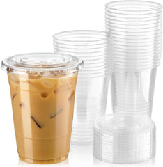 [50 Pack] 16 oz Clear Plastic Cups with Flat Lids, Disposable Iced Coffee Cups, BPA Free Premium Crystal Smoothie Cup for Party, Lemonade Stand, Cold Drinks, Juice, Milkshake, Bubble Boba, Tea