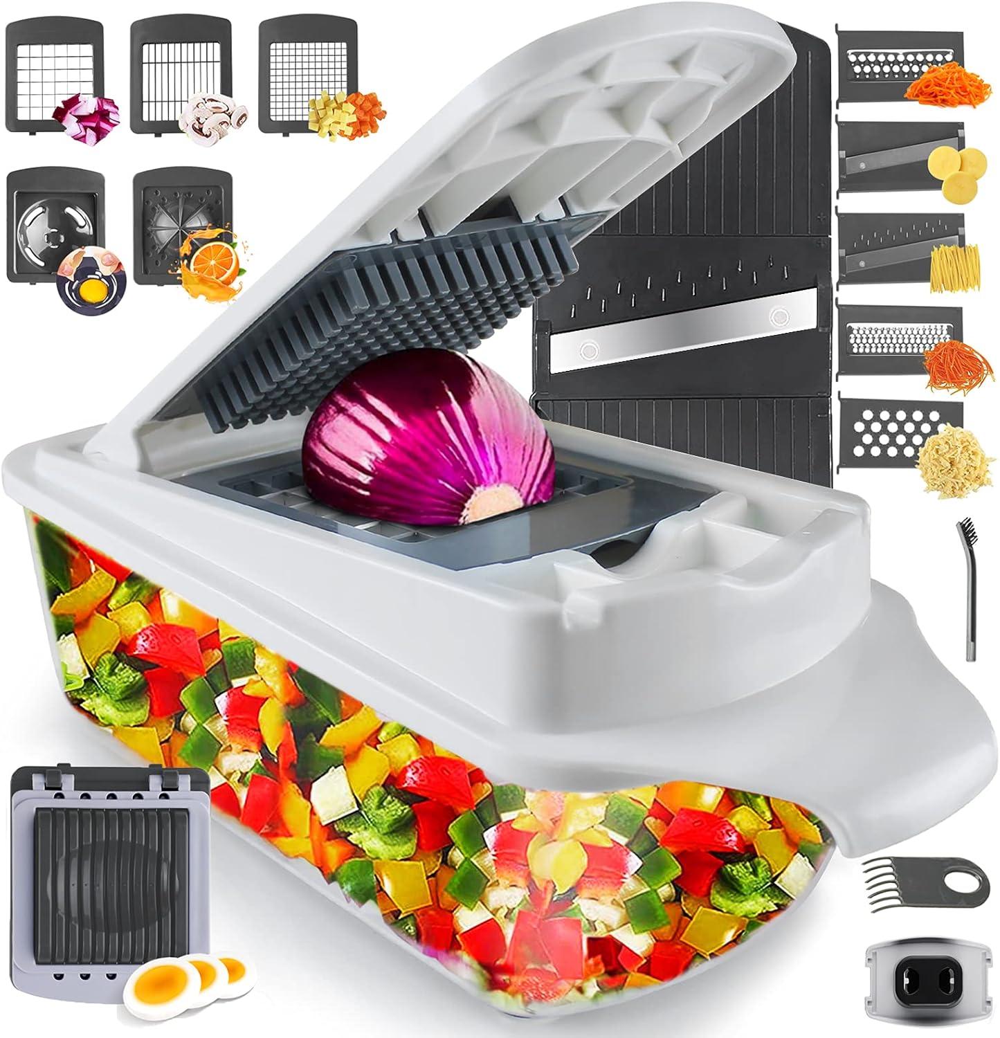 AMROAH 25 in 1 Vegetable Chopper 12 Blades Multifunction, Kitchen Veggie Cutter Food Chopper with Container Slicer Grater Spiralizer for Onion Potato Carrot Egg Cucumber Tomato Garlic