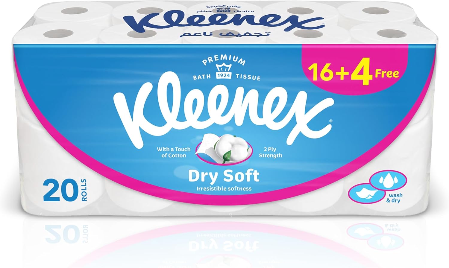 Kleenex Dry Soft Toilet Paper, 2 PLY, 20 Rolls x 200 Sheets, Embossed Bathroom Tissue with a Touch Of Cotton