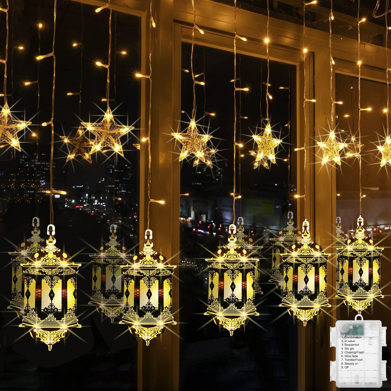 Pomefar Ramadan Decorations Lights,Led Star Lantern Curtain Ramadan Lights for Bedroom Home Outdoor Ramadan Lights Hanging for Wall Window